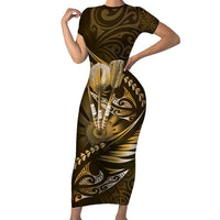 Personalised All Gold New Zealand Darts Short Sleeve Bodycon Dress Aoteroa Fern Maori Galaxy Style LT14 Long Dress Gold - Polynesian Pride