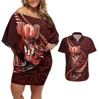 Personalised All Red New Zealand Darts Couples Matching Off Shoulder Short Dress and Hawaiian Shirt Aoteroa Fern Maori Galaxy Style