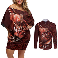 Personalised All Red New Zealand Darts Couples Matching Off Shoulder Short Dress and Long Sleeve Button Shirt Aoteroa Fern Maori Galaxy Style