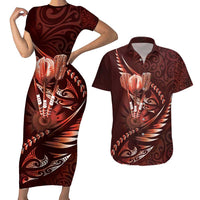Personalised All Red New Zealand Darts Couples Matching Short Sleeve Bodycon Dress and Hawaiian Shirt Aoteroa Fern Maori Galaxy Style