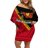 Papua New Guinea Family Matching Off Shoulder Short Dress and Hawaiian Shirt Independen Stet bilong Papua Niugini Unique Version LT14 Mom's Dress Red - Polynesian Pride