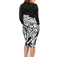 New Zealand Eel Family Matching Long Sleeve Bodycon Dress and Hawaiian Shirt Tuna Aotearoa Maori Patten - Black LT14 - Polynesian Pride