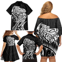 New Zealand Eel Family Matching Off Shoulder Short Dress and Hawaiian Shirt Tuna Aotearoa Maori Patten - Black LT14 - Polynesian Pride