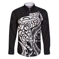 New Zealand Eel Family Matching Off Shoulder Short Dress and Hawaiian Shirt Tuna Aotearoa Maori Patten - Black LT14 Dad's Shirt - Long Sleeve Black - Polynesian Pride