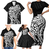 New Zealand Eel Family Matching Short Sleeve Bodycon Dress and Hawaiian Shirt Tuna Aotearoa Maori Patten - Black LT14 - Polynesian Pride