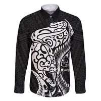 New Zealand Eel Family Matching Short Sleeve Bodycon Dress and Hawaiian Shirt Tuna Aotearoa Maori Patten - Black LT14 Dad's Shirt - Long Sleeve Black - Polynesian Pride