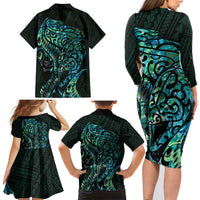 New Zealand Eel Family Matching Long Sleeve Bodycon Dress and Hawaiian Shirt Tuna Aotearoa Maori With Paua Shell - Turquoise LT14 - Polynesian Pride