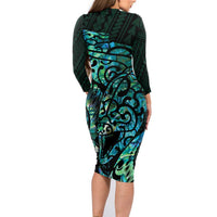 New Zealand Eel Family Matching Long Sleeve Bodycon Dress and Hawaiian Shirt Tuna Aotearoa Maori With Paua Shell - Turquoise LT14 - Polynesian Pride