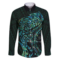 New Zealand Eel Family Matching Tank Maxi Dress and Hawaiian Shirt Tuna Aotearoa Maori With Paua Shell - Turquoise LT14 Dad's Shirt - Long Sleeve Turquoise - Polynesian Pride
