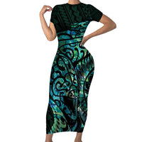 New Zealand Eel Short Sleeve Bodycon Dress Tuna Aotearoa Maori With Paua Shell - Turquoise
