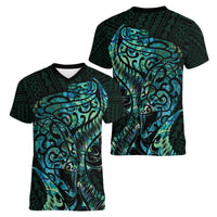 New Zealand Eel Women V-Neck T-Shirt Tuna Aotearoa Maori With Paua Shell - Turquoise LT14 - Polynesian Pride