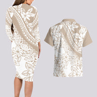 Polynesia Couples Matching Long Sleeve Bodycon Dress and Hawaiian Shirt Polynesian Tropical Flowers Beige Pastel Vibes LT14 - Polynesian Pride