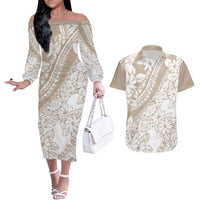 Polynesia Couples Matching Off The Shoulder Long Sleeve Dress and Hawaiian Shirt Polynesian Tropical Flowers Beige Pastel Vibes LT14 Beige - Polynesian Pride