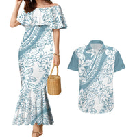 Polynesia Couples Matching Mermaid Dress and Hawaiian Shirt Polynesian Tropical Flowers Blue Pastel Vibes LT14 Blue - Polynesian Pride
