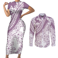 Polynesia Couples Matching Short Sleeve Bodycon Dress and Long Sleeve Button Shirts Polynesian Tropical Flowers Purple Pastel Vibes LT14 Purple - Polynesian Pride