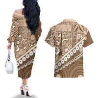 Beige Bula Fiji Couples Matching Off The Shoulder Long Sleeve Dress and Hawaiian Shirt Fijian Language Week Tapa Cloth - Pastel