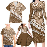 Beige Bula Fiji Family Matching Long Sleeve Bodycon Dress and Hawaiian Shirt Fijian Language Week Tapa Cloth - Pastel LT14 - Polynesian Pride