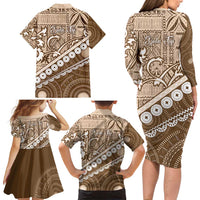 Beige Bula Fiji Family Matching Long Sleeve Bodycon Dress and Hawaiian Shirt Fijian Language Week Tapa Cloth - Pastel LT14 - Polynesian Pride