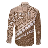 Beige Bula Fiji Family Matching Off Shoulder Short Dress and Hawaiian Shirt Fijian Language Week Tapa Cloth - Pastel LT14 - Polynesian Pride