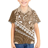Beige Bula Fiji Family Matching Off Shoulder Short Dress and Hawaiian Shirt Fijian Language Week Tapa Cloth - Pastel LT14 Son's Shirt Beige - Polynesian Pride