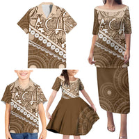 Beige Bula Fiji Family Matching Puletasi and Hawaiian Shirt Fijian Language Week Tapa Cloth - Pastel LT14 - Polynesian Pride