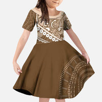 Beige Bula Fiji Family Matching Short Sleeve Bodycon Dress and Hawaiian Shirt Fijian Language Week Tapa Cloth - Pastel LT14 Daughter's Dress Beige - Polynesian Pride