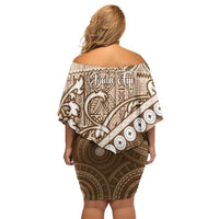 Beige Bula Fiji Off Shoulder Short Dress Fijian Language Week Tapa Cloth - Pastel