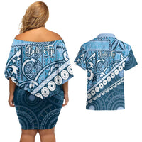 Blue Bula Fiji Couples Matching Off Shoulder Short Dress and Hawaiian Shirt Fijian Language Week Tapa Cloth - Pastel