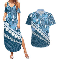 Blue Bula Fiji Couples Matching Summer Maxi Dress and Hawaiian Shirt Fijian Language Week Tapa Cloth - Pastel