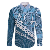 Blue Bula Fiji Family Matching Puletasi and Hawaiian Shirt Fijian Language Week Tapa Cloth - Pastel LT14 Dad's Shirt - Long Sleeve Blue - Polynesian Pride