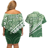 Green Bula Fiji Couples Matching Off Shoulder Short Dress and Hawaiian Shirt Fijian Language Week Tapa Cloth - Pastel