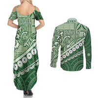 Green Bula Fiji Couples Matching Summer Maxi Dress and Long Sleeve Button Shirt Fijian Language Week Tapa Cloth - Pastel