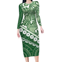 Green Bula Fiji Family Matching Long Sleeve Bodycon Dress and Hawaiian Shirt Fijian Language Week Tapa Cloth - Pastel LT14 Mom's Dress Green - Polynesian Pride