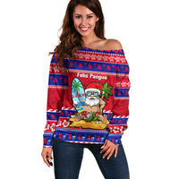Custom Guam Christmas Off Shoulder Sweater Guaman Santas Felis Pasgua LT14 Women Blue - Polynesian Pride