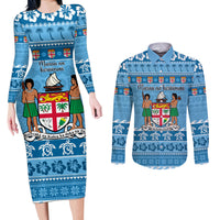 Custom Fiji Christmas Couples Matching Long Sleeve Bodycon Dress and Long Sleeve Button Shirt Fijian Tapa Marau na Kerisimasi LT14 Blue - Polynesian Pride
