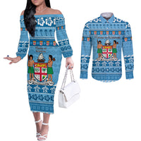 Custom Fiji Christmas Couples Matching Off The Shoulder Long Sleeve Dress and Long Sleeve Button Shirt Fijian Tapa Marau na Kerisimasi LT14 Blue - Polynesian Pride