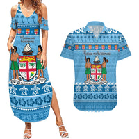 Custom Fiji Christmas Couples Matching Summer Maxi Dress and Hawaiian Shirt Fijian Tapa Marau na Kerisimasi LT14 Blue - Polynesian Pride