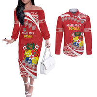 Custom Mate Maa Tonga Couples Matching Off The Shoulder Long Sleeve Dress and Long Sleeve Button Shirt 2024 Go Champions