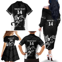 Aotearoa Rugby Custom Family Matching Off The Shoulder Long Sleeve Dress and Hawaiian Shirt Maori Kiwi - Mascot Style