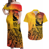 Marquesas Islands Couples Matching Off Shoulder Maxi Dress and Hawaiian Shirt Marquesan Matatiki Fish Hook Patutiki LT14 Yellow - Polynesian Pride