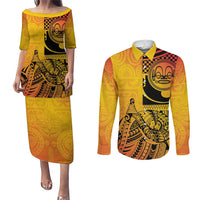 Marquesas Islands Couples Matching Puletasi and Long Sleeve Button Shirt Marquesan Matatiki Fish Hook Patutiki - Polynesian Pride