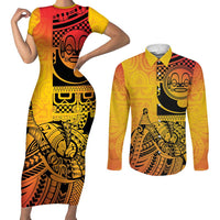 Marquesas Islands Couples Matching Short Sleeve Bodycon Dress and Long Sleeve Button Shirt Marquesan Matatiki Fish Hook Patutiki LT14 Yellow - Polynesian Pride