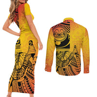Marquesas Islands Couples Matching Short Sleeve Bodycon Dress and Long Sleeve Button Shirt Marquesan Matatiki Fish Hook Patutiki LT14 - Polynesian Pride