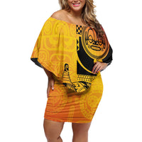 Marquesas Islands Family Matching Off Shoulder Short Dress and Hawaiian Shirt Marquesan Matatiki Fish Hook Patutiki LT14 Mom's Dress Yellow - Polynesian Pride