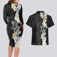 Black Samoa Tattoo Couples Matching Long Sleeve Bodycon Dress and Hawaiian Shirt Plumeria Samoan Ocean Tatau Pattern LT14 - Polynesian Pride