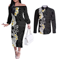 Black Samoa Tattoo Couples Matching Off The Shoulder Long Sleeve Dress and Long Sleeve Button Shirt Plumeria Samoan Ocean Tatau Pattern - Polynesian Pride