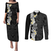Black Samoa Tattoo Couples Matching Puletasi and Long Sleeve Button Shirt Plumeria Samoan Ocean Tatau Pattern - Polynesian Pride