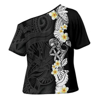 Black Samoa Tattoo Cross Shoulder Shirt Plumeria Samoan Ocean Tatau Pattern - Polynesian Pride