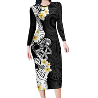 Black Samoa Tattoo Family Matching Long Sleeve Bodycon Dress and Hawaiian Shirt Plumeria Samoan Ocean Tatau Pattern LT14 Mom's Dress Black - Polynesian Pride