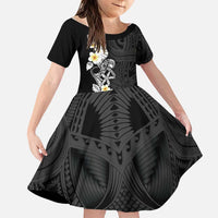 Black Samoa Tattoo Family Matching Off The Shoulder Long Sleeve Dress and Hawaiian Shirt Plumeria Samoan Ocean Tatau Pattern LT14 Daughter's Dress Black - Polynesian Pride
